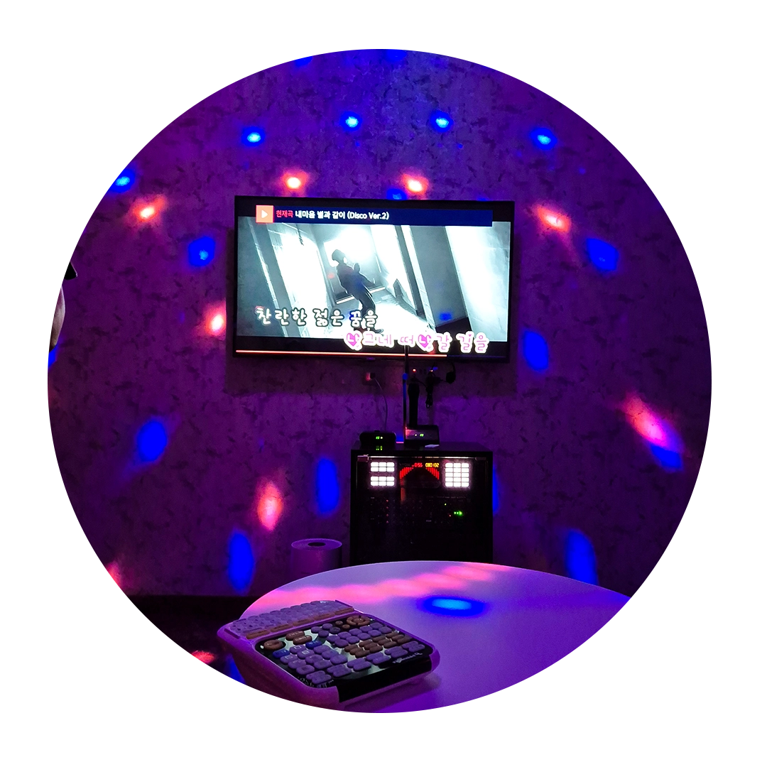 Karaoke room with disco lights and a television screen displaying lyrics